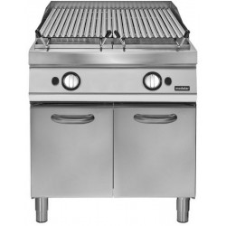 Barbacoa de piedra lávica a gas sobre base con puerta